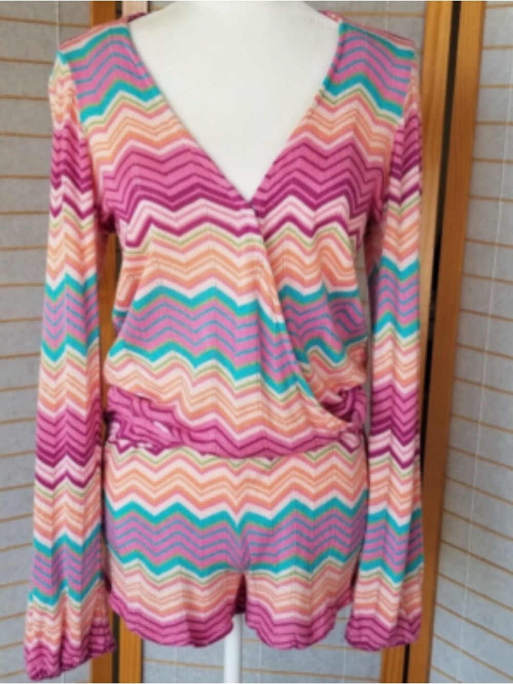 Colorful Chevron Wrap-Style Long Sleeve Romper